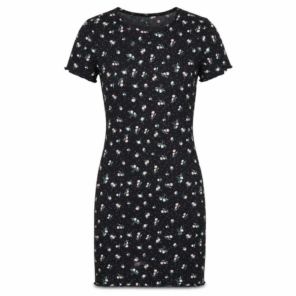 Front view of H&M women’s black floral polyester bodycon, size S, round neck pullover