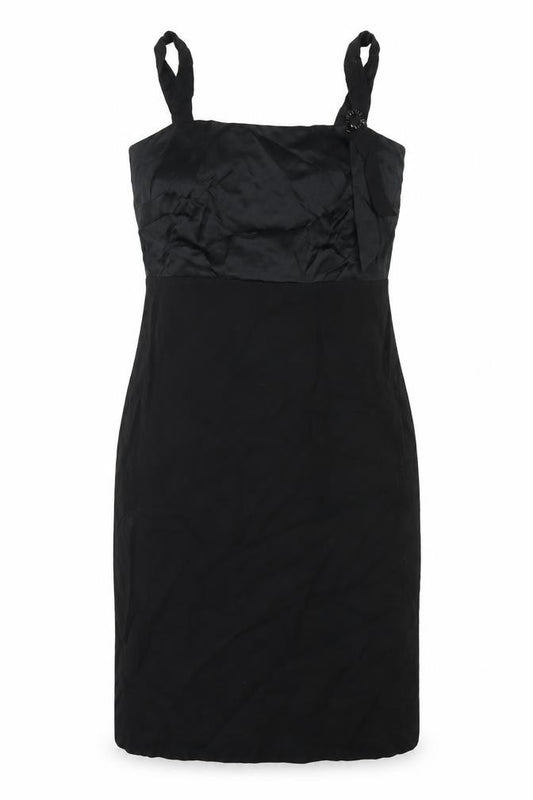 Front view of Fenn Wright Manson women’s black viscose a-line, size UK 12, square neck zip