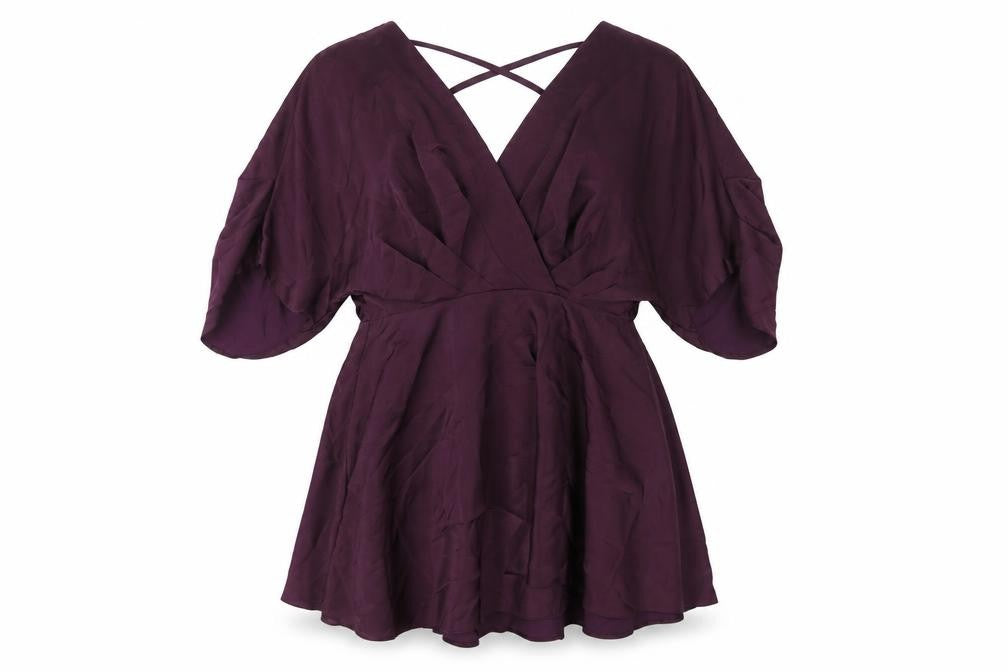 Front view of ASOS women’s purple polyester a-line, size UK 12, v-neck zip