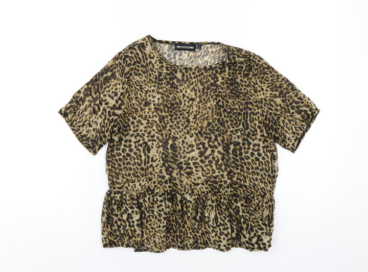 PRETTYLITTLETHING Womens Brown Animal Print Polyester Basic T-Shirt Size 6 Round Neck