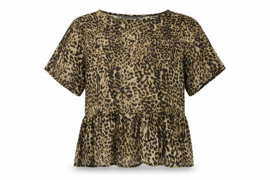 Front view of PRETTYLITTLETHING women’s brown animal print polyester basic t-shirt, size UK 6, round neck