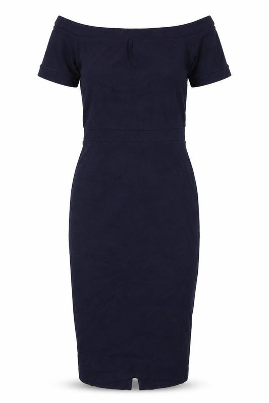 Front view of Next women’s blue viscose pencil dress, size UK 12, off the shoulder pullover