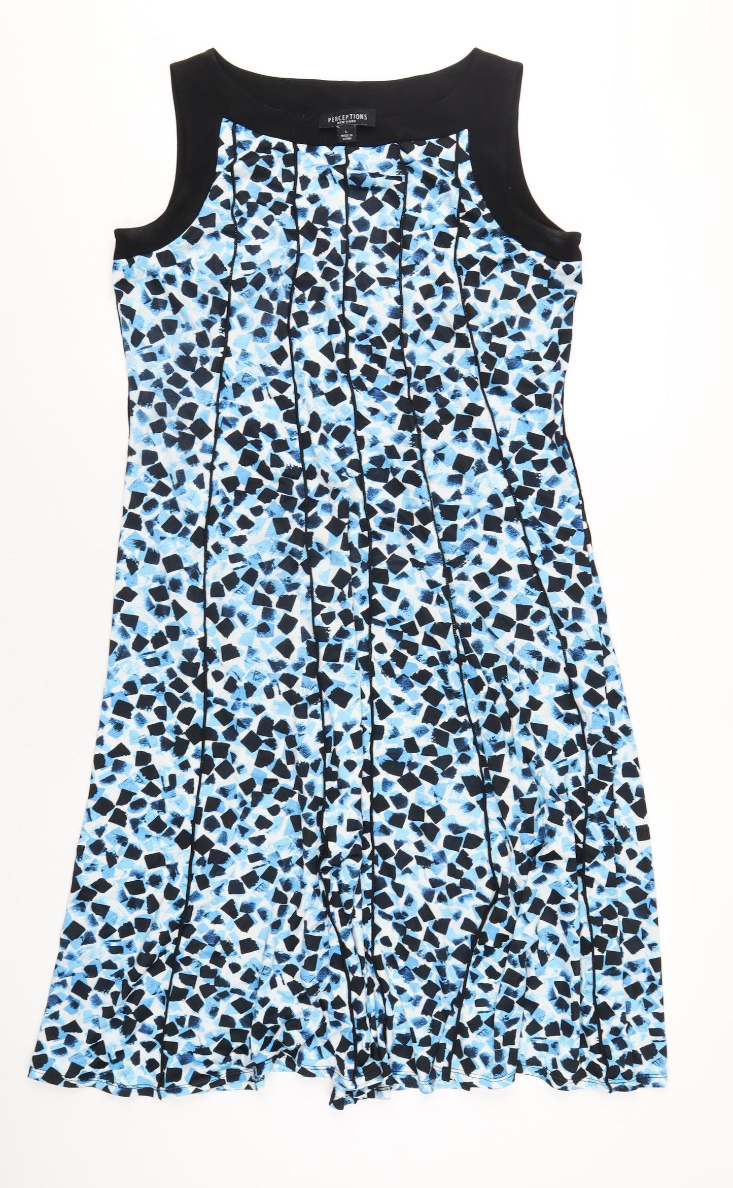 Perceptions Womens Blue Geometric Polyester A-Line Size L Round Neck Pullover