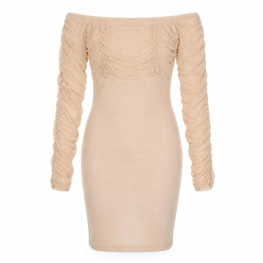Front view of PRETTYLITTLETHING women’s beige polyester bodycon, size UK 8, off the shoulder pullover