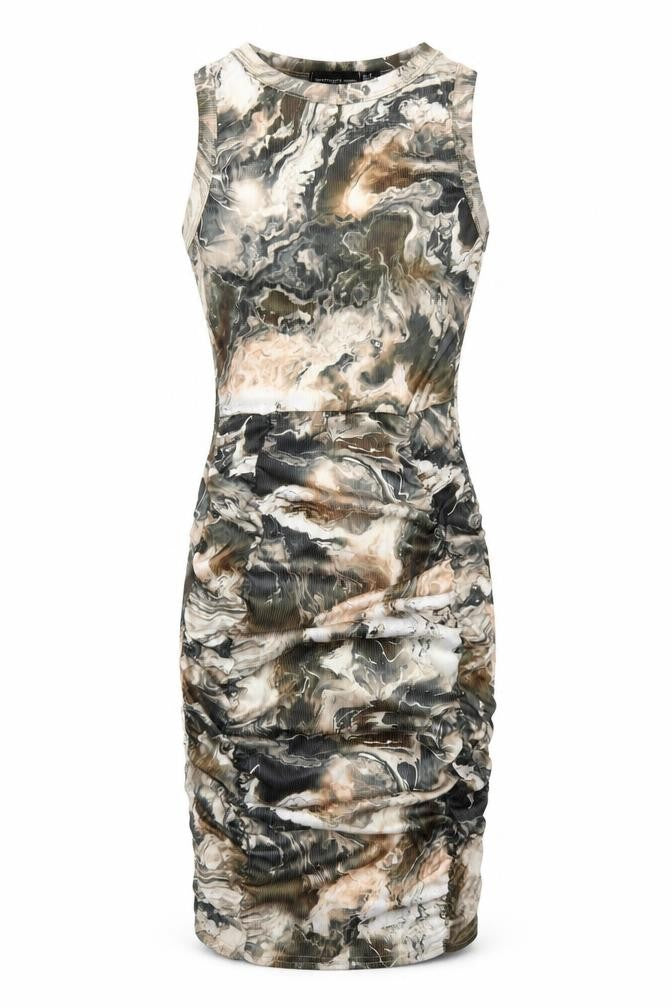 Front view of PRETTYLITTLETHING women’s multicoloured geometric polyester bodycon, size UK 8, round neck pullover