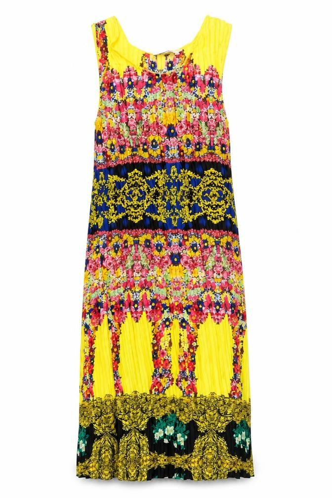 Front view of Louche women’s multicoloured geometric polyester a-line, size UK 10, scoop neck pullover