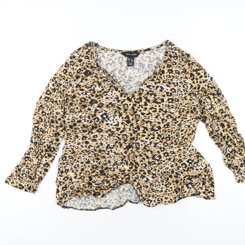 New Look Womens Brown Animal Print Viscose Basic T-Shirt Size 6 V-Neck