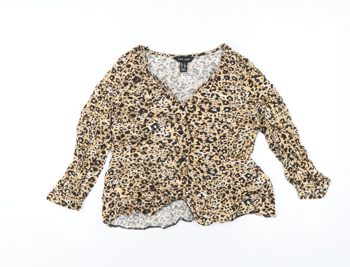 New Look Womens Brown Animal Print Viscose Basic T-Shirt Size 6 V-Neck