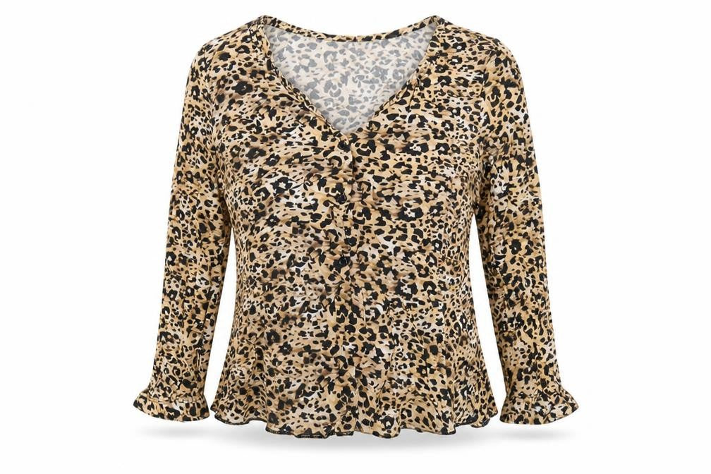 New Look Womens Brown Animal Print Viscose Basic T-Shirt Size 6 V-Neck
