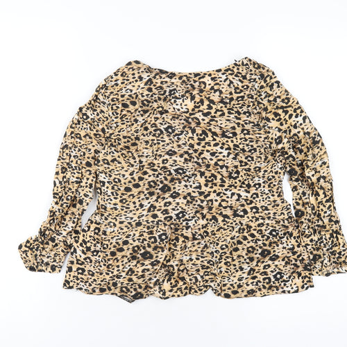 New Look Womens Brown Animal Print Viscose Basic T-Shirt Size 6 V-Neck