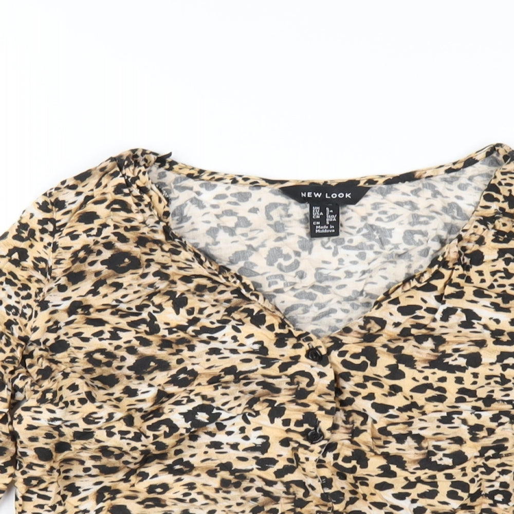 New Look Womens Brown Animal Print Viscose Basic T-Shirt Size 6 V-Neck