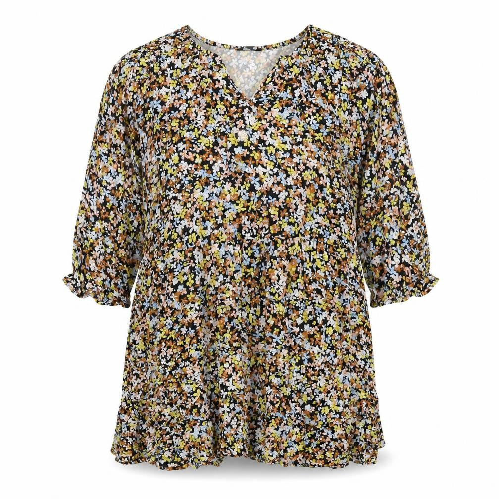 Front view of M&Co women’s multicoloured floral viscose a-line, size UK 14, v-neck pullover