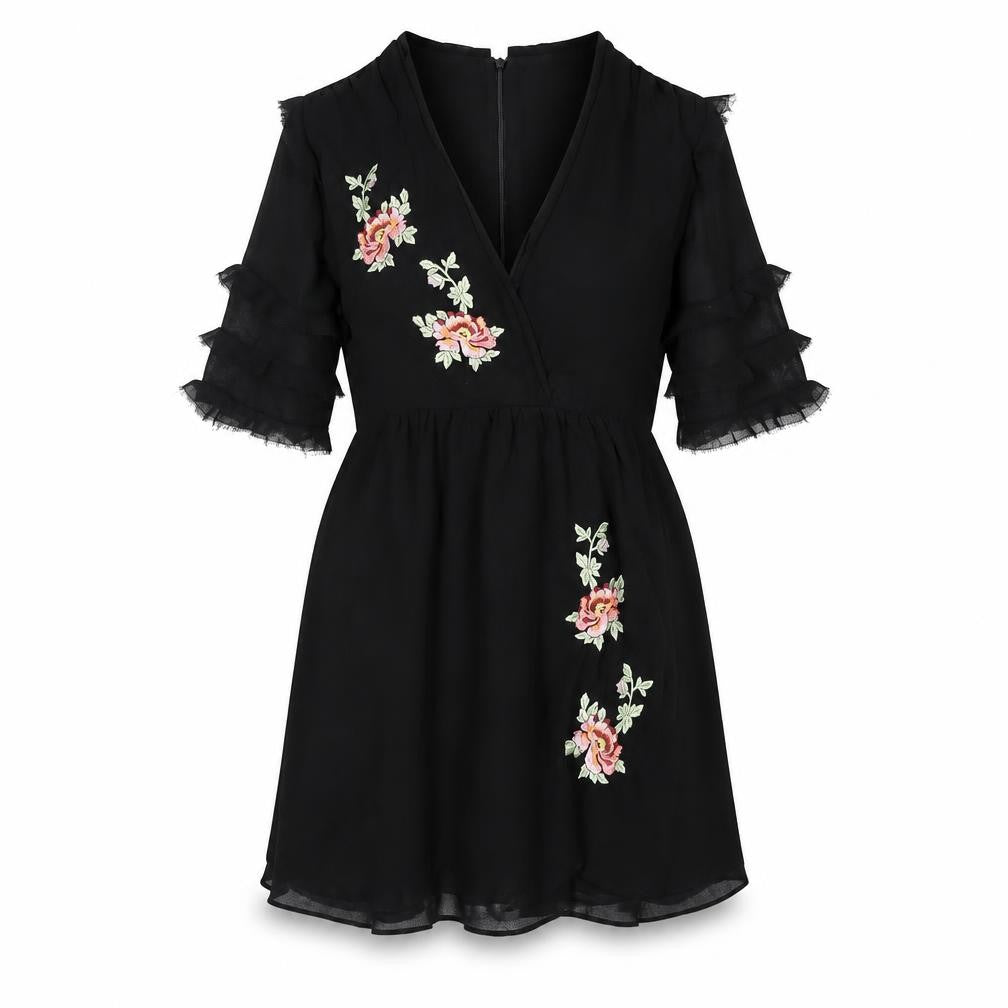 Front view of Topshop women’s black polyester a-line, size UK 10, v-neck zip