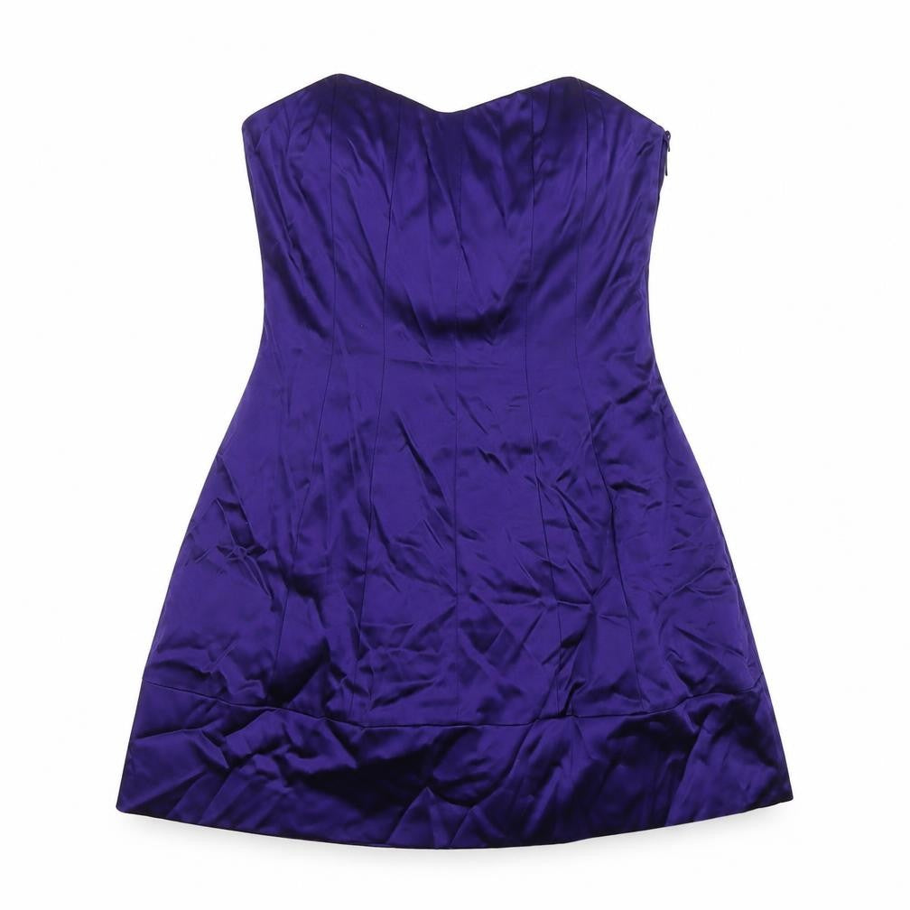 Front view of Oasis women’s purple acetate a-line, size UK 12, scoop neck zip