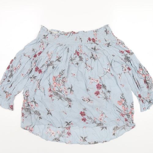 Zara Womens Blue Floral Polyester Basic T-Shirt Size XS Off the Shoulder
