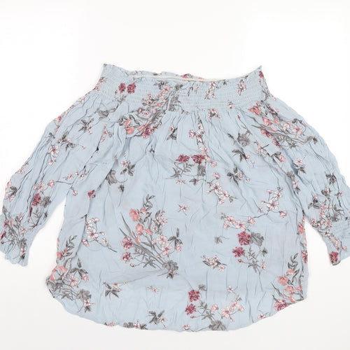Zara Womens Blue Floral Polyester Basic T-Shirt Size XS Off the Shoulder