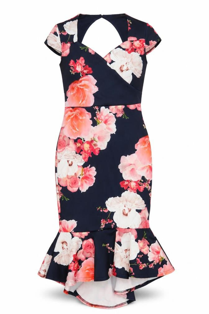 Front view of Quiz women’s blue floral polyester mermaid, size UK 10, v-neck button