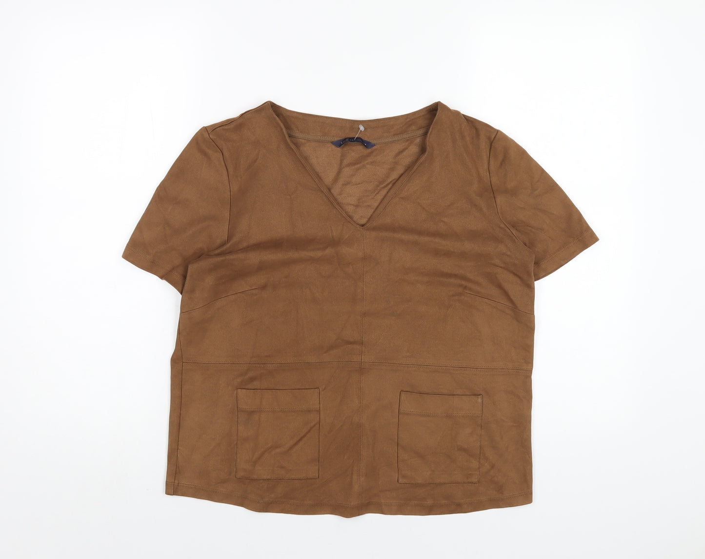 Marks and Spencer Womens Brown Polyester Basic T-Shirt Size 12 V-Neck - Suede