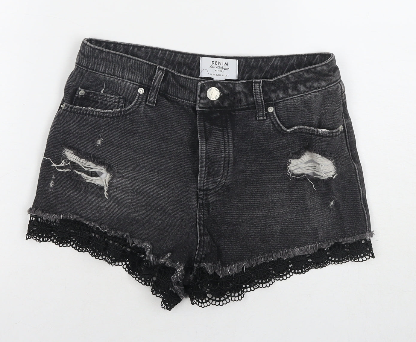 Miss Selfridge Womens Black Cotton Hot Pants Shorts Size 10 L3 in Regular Zip - Lace Detail