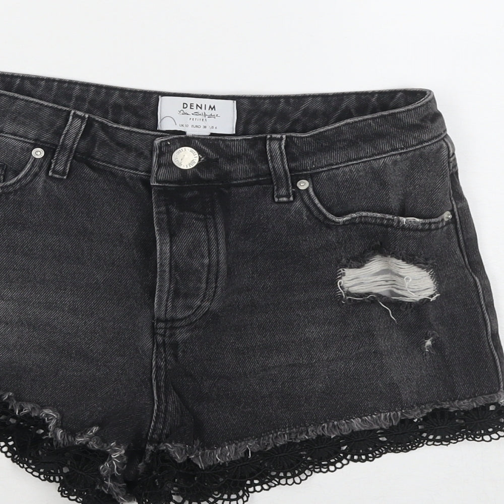 Miss Selfridge Womens Black Cotton Hot Pants Shorts Size 10 L3 in Regular Zip - Lace Detail