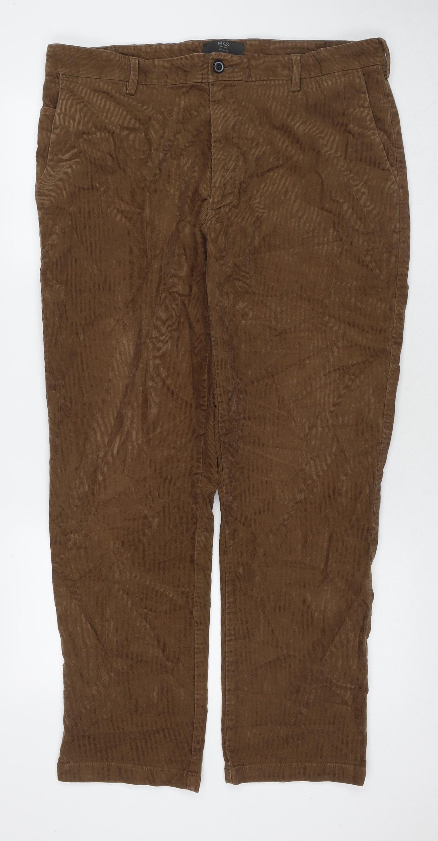 Marks and Spencer Mens Brown Cotton Trousers Size 38 in L31 in Regular Zip