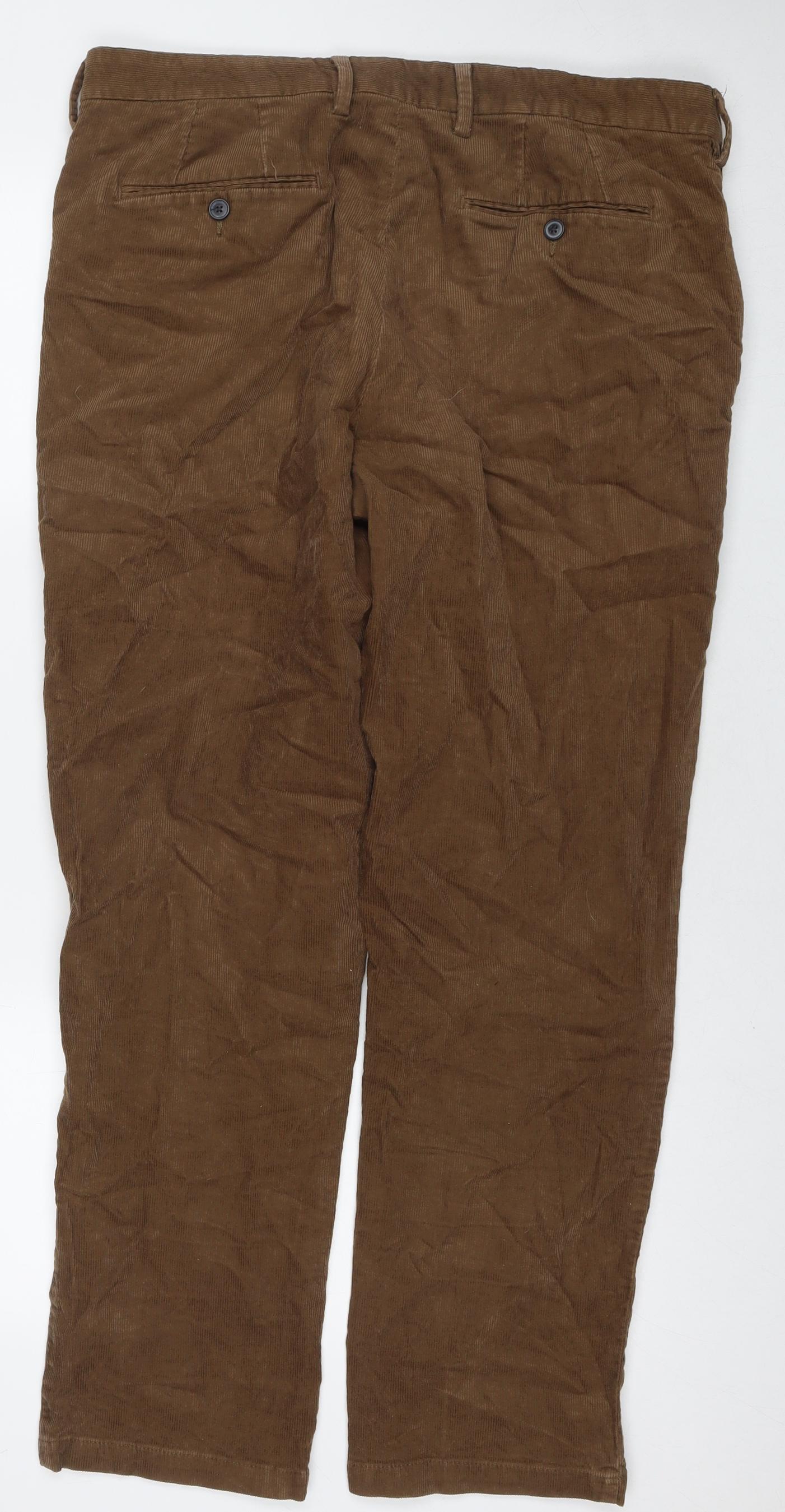 Marks and Spencer Mens Brown Cotton Trousers Size 38 in L31 in Regular Zip