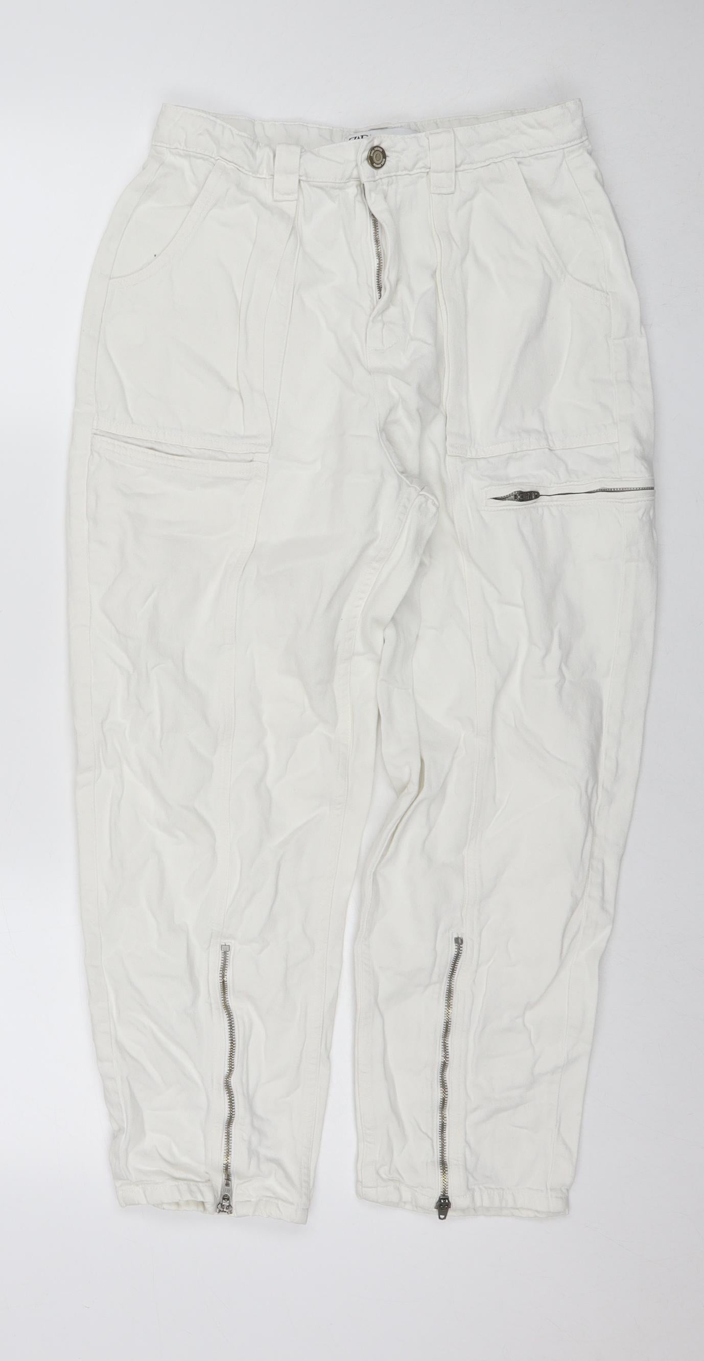 Zara Womens White Cotton Mom Jeans Size 8 L24 in Regular Zip - Cargo Style