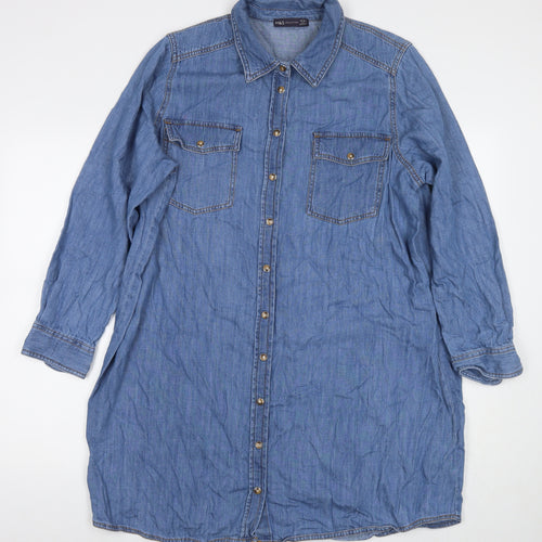 Marks and Spencer Womens Blue Cotton Shirt Dress Size 20 Collared Snap