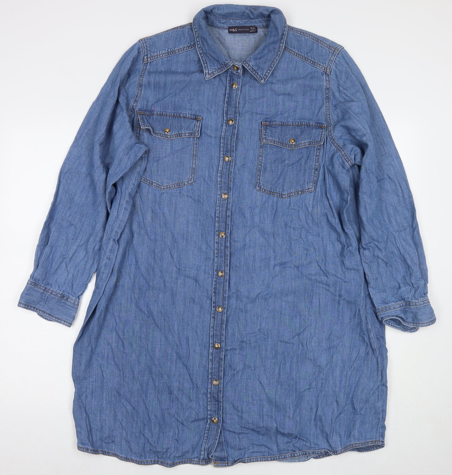 Marks and Spencer Womens Blue Cotton Shirt Dress Size 20 Collared Snap