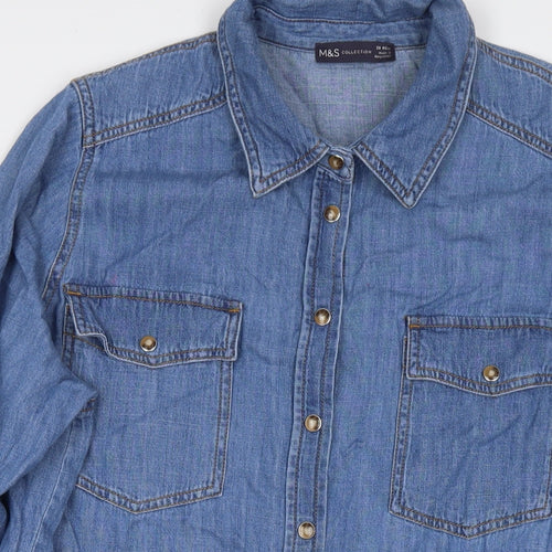 Marks and Spencer Womens Blue Cotton Shirt Dress Size 20 Collared Snap