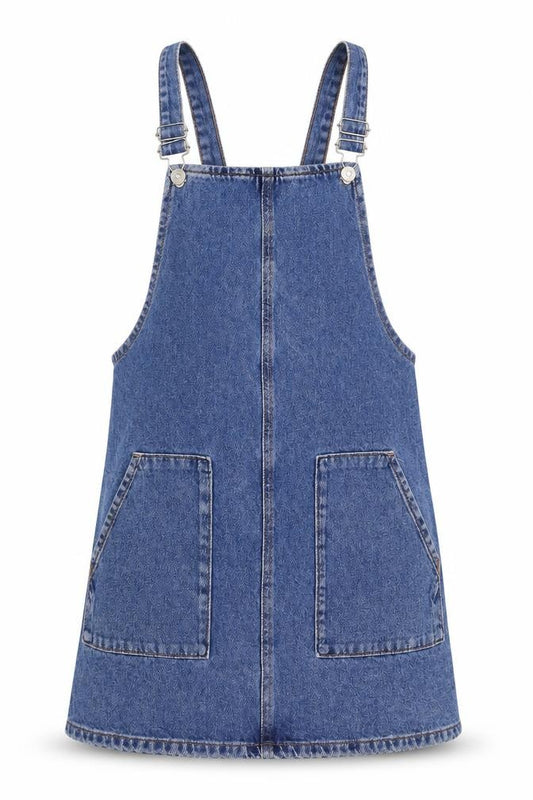 Front view of Topshop women’s blue cotton pinafore/dungaree dress, size UK 10, square neck button