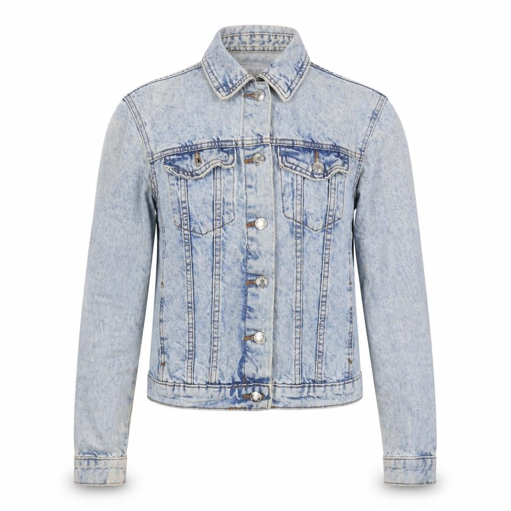 Front view of Denim & Co. women’s blue jacket, size UK 8, button