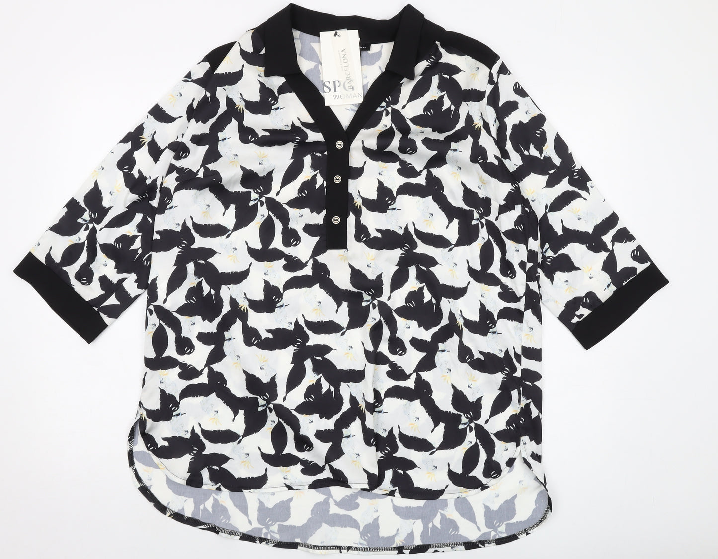 SPG Woman Womens Black Floral Polyester Basic Blouse Size M Collared