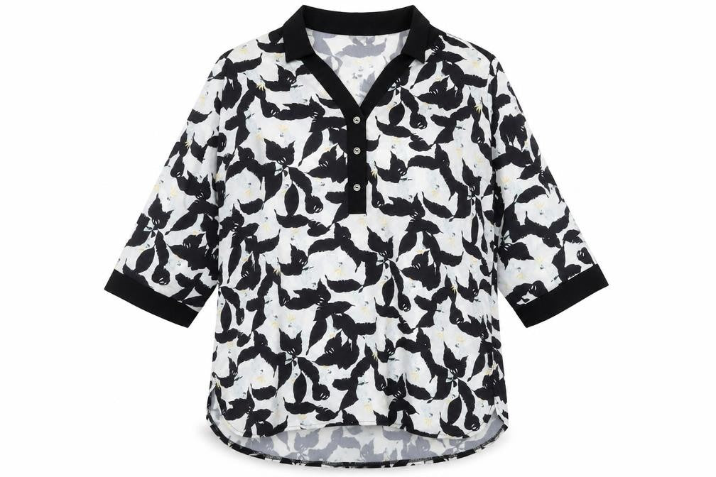 Front view of SPG Woman women’s black floral polyester basic blouse, size M, collared