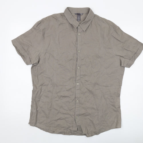 H&M Mens Brown Linen Button-Up Size XL Collared Button