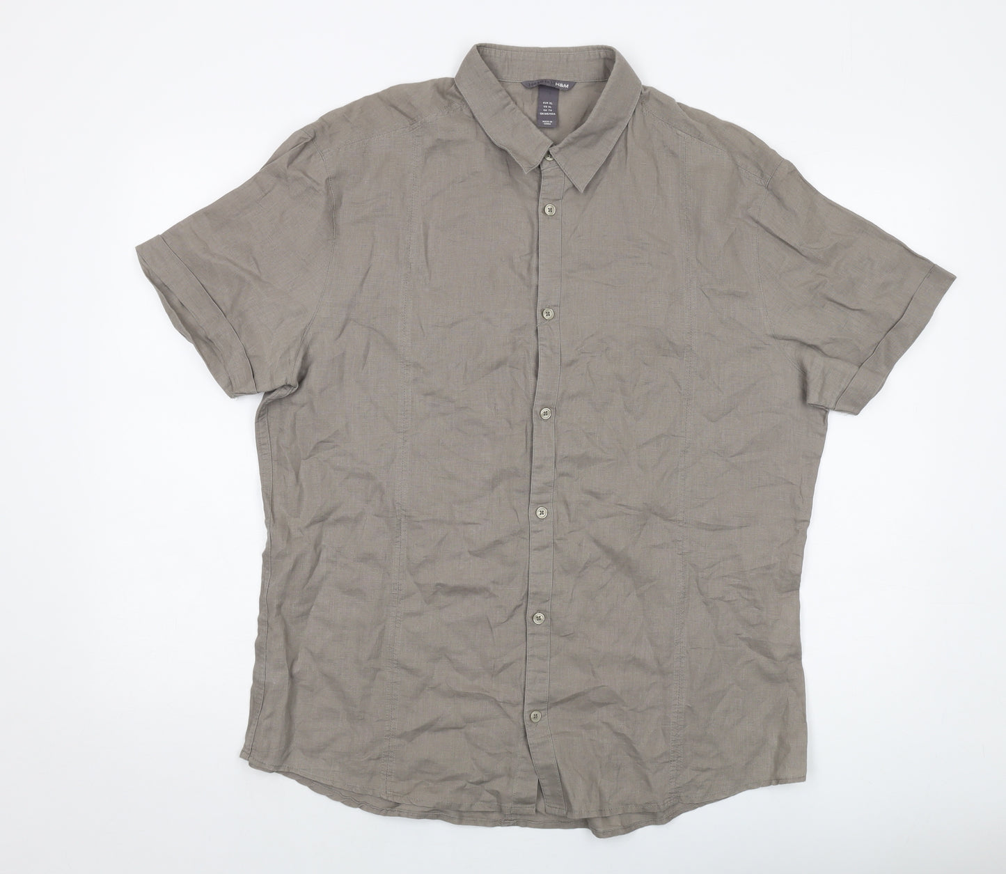 H&M Mens Brown Linen Button-Up Size XL Collared Button