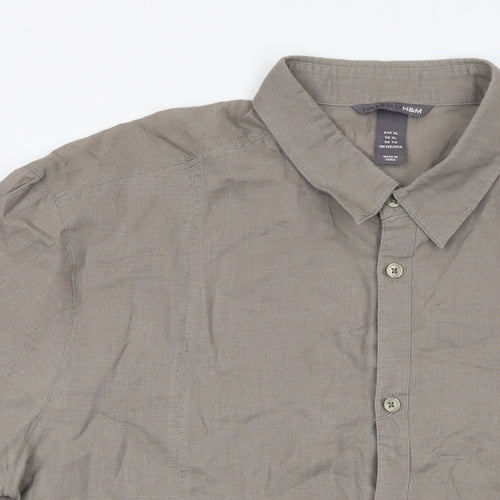 H&M Mens Brown Linen Button-Up Size XL Collared Button