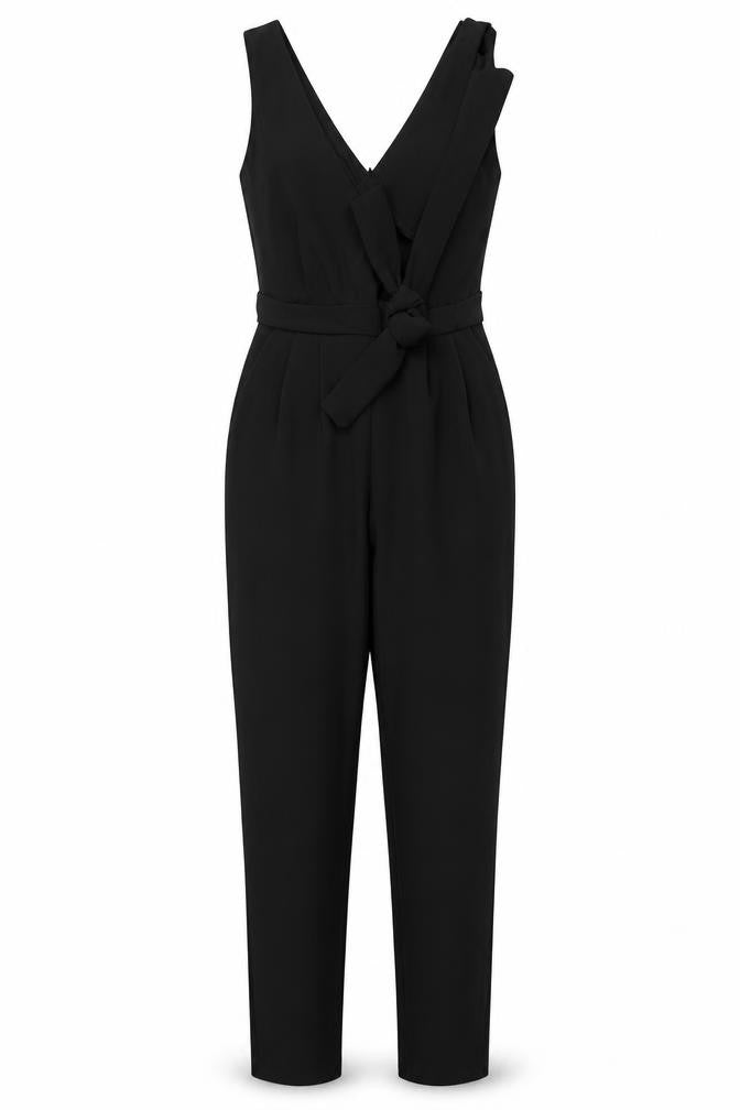 Front view of Outrageous women’s black polyester jumpsuit one-piece, size UK 6, zip
