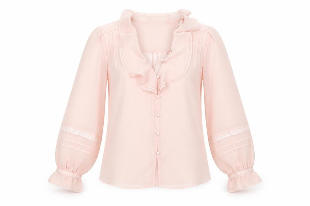 Front view of Per Una women’s pink polyester basic blouse, size UK 8, v-neck