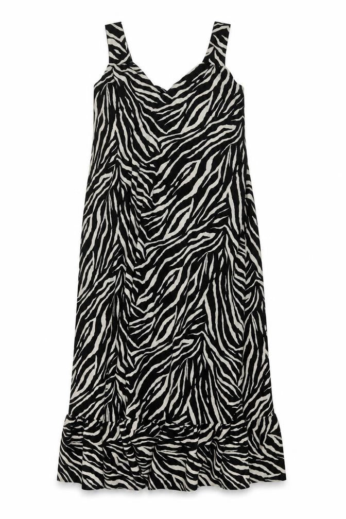 Front view of Boohoo women’s beige animal print polyester a-line, size UK 10, v-neck pullover