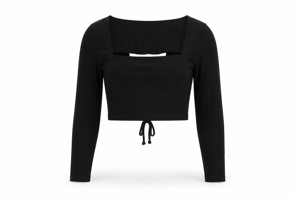 Front view of Boohoo women’s black polyester cropped blouse, size UK 10, square neck