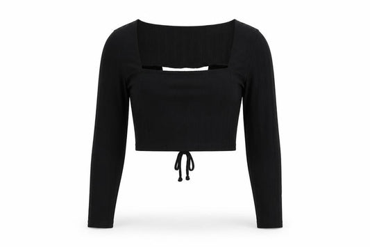 Front view of Boohoo women’s black polyester cropped blouse, size UK 10, square neck