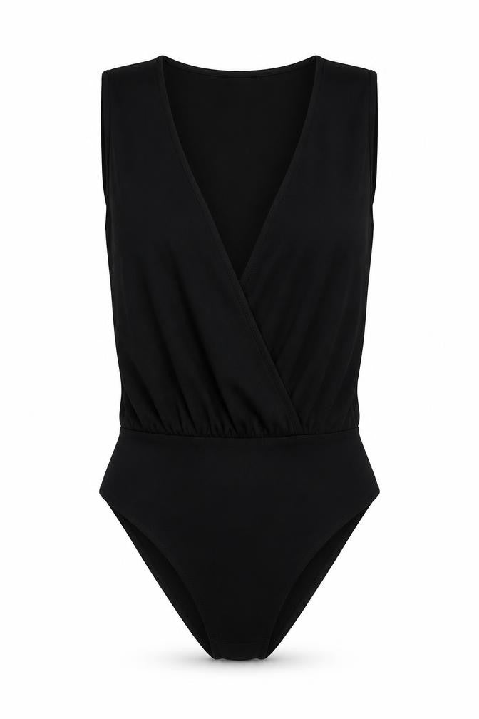 Front view of Miss Selfridge women’s black polyester bodysuit one-piece, size UK 4, snap