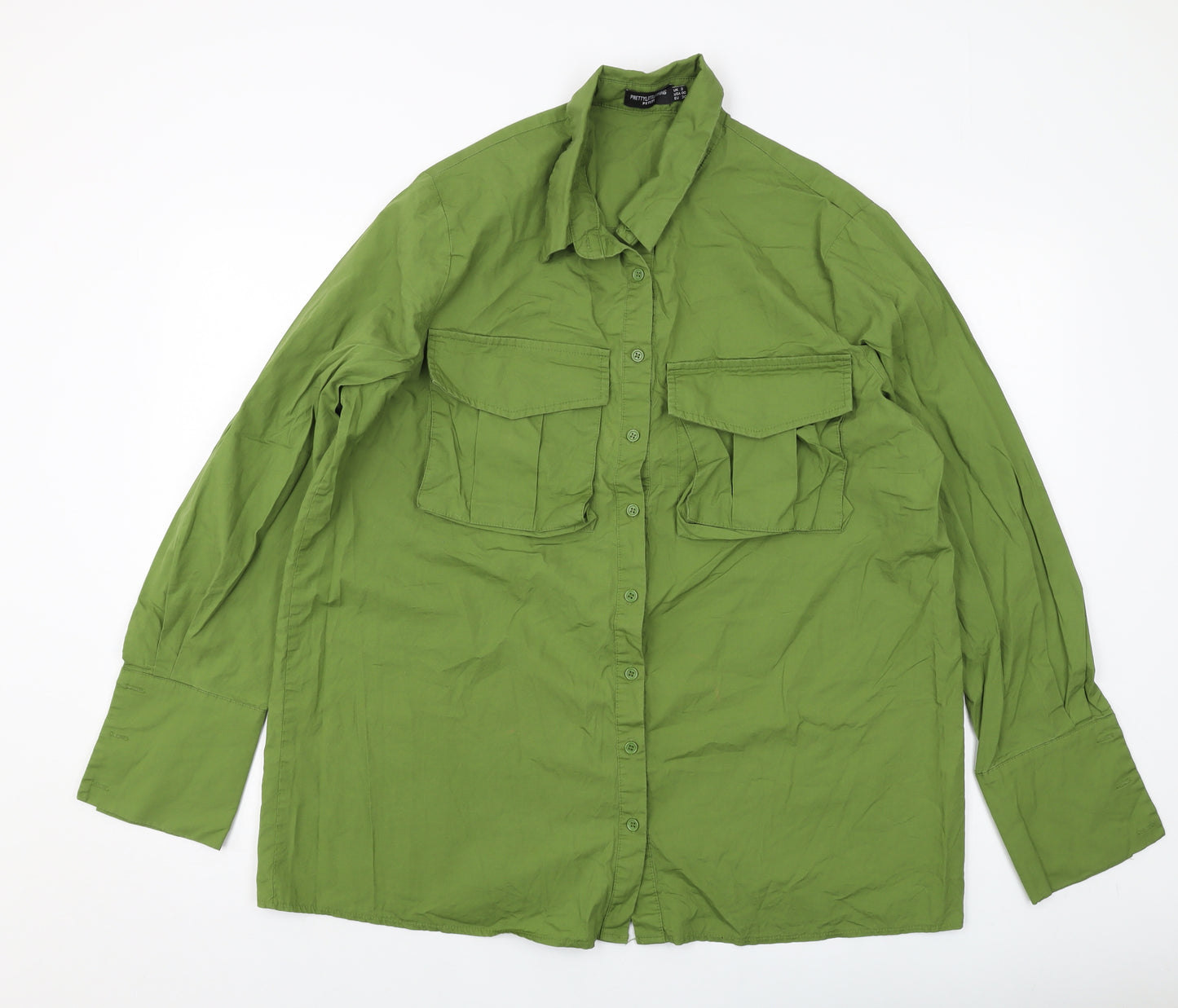 PRETTYLITTLETHING Womens Green Cotton Basic Button-Up Size 2 Collared