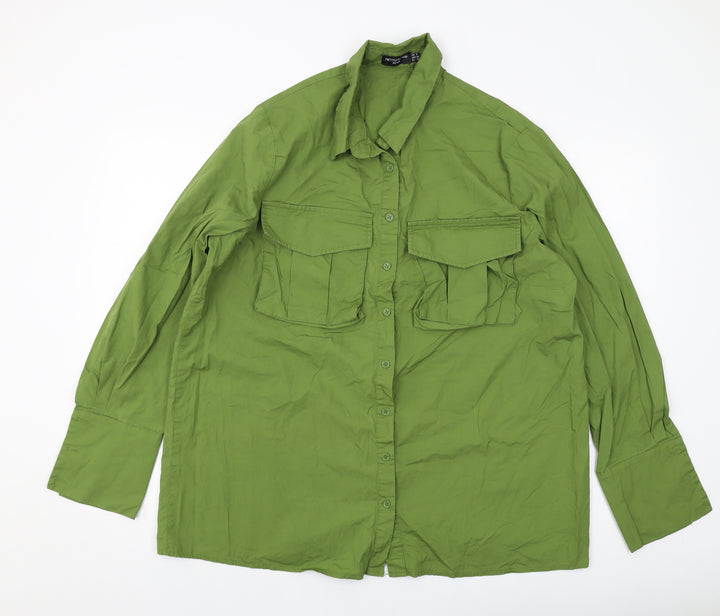PRETTYLITTLETHING Womens Green Cotton Basic Button-Up Size 2 Collared
