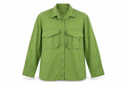 Front view of PRETTYLITTLETHING women’s green cotton basic button-up, size UK 2, collared