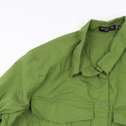 PRETTYLITTLETHING Womens Green Cotton Basic Button-Up Size 2 Collared