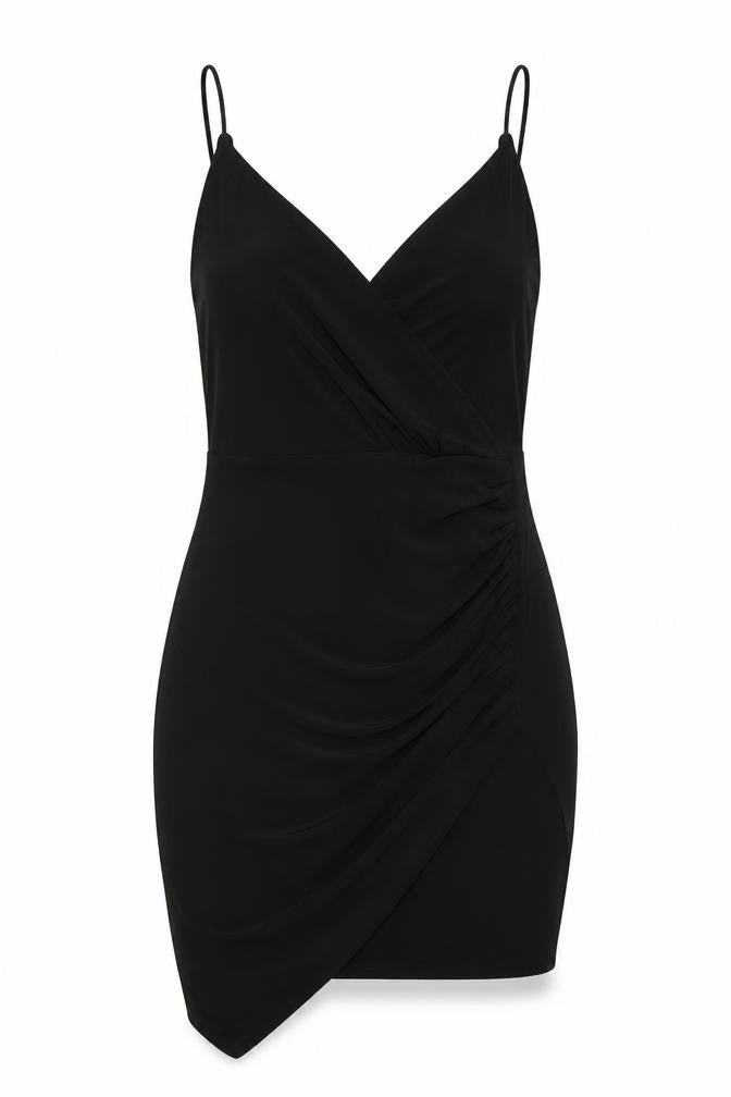 Front view of PRETTYLITTLETHING women’s black polyester mini, size UK 8, v-neck pullover