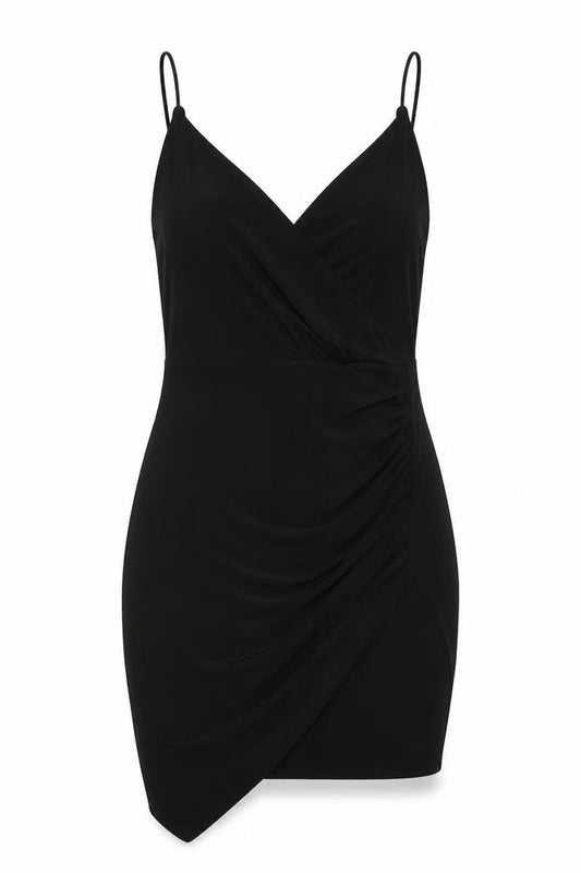 Front view of PRETTYLITTLETHING women’s black polyester mini, size UK 8, v-neck pullover