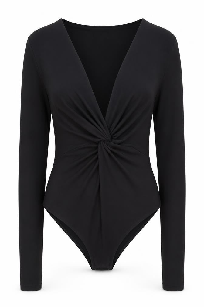 Front view of Topshop women’s black polyester bodysuit one-piece, size UK 12, snap